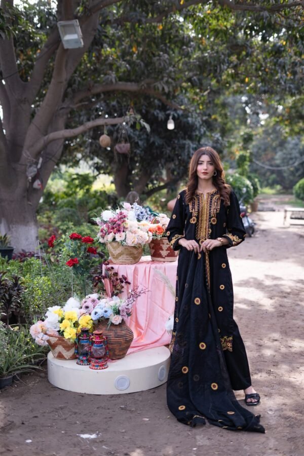 3 Piece Embroidered Suit – Unstitched with Gala, Bazu & Daman Patches, Cotton Net Dupatta - Image 2