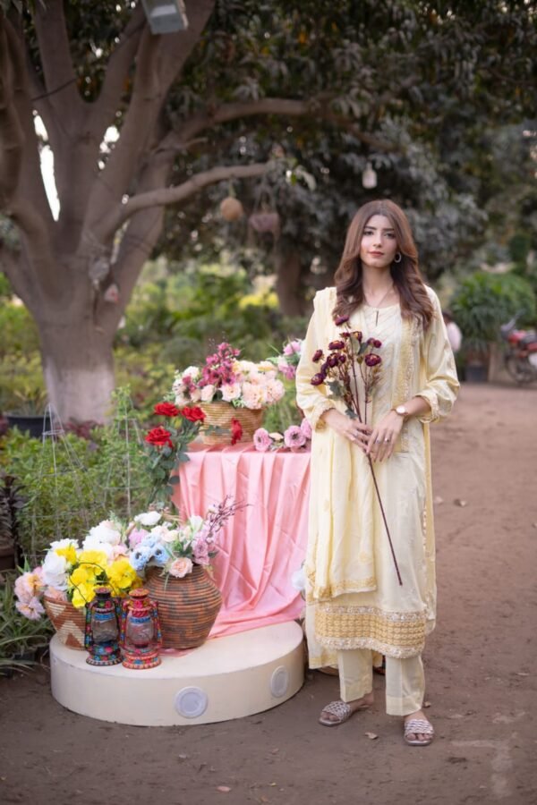 3 Piece Embroidered Suit – Unstitched with Gala, Bazu & Daman Patches, Silk Dupatta - Image 3