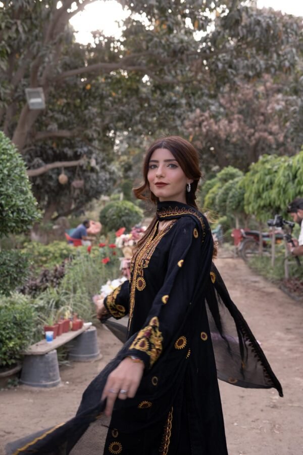3 Piece Embroidered Suit – Unstitched with Gala, Bazu & Daman Patches, Cotton Net Dupatta - Image 3
