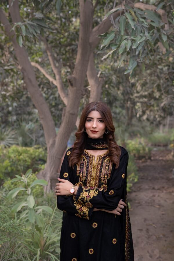 3 Piece Embroidered Suit – Unstitched with Gala, Bazu & Daman Patches, Cotton Net Dupatta - Image 4