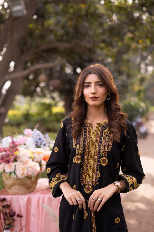 3 Piece Embroidered Suit – Unstitched with Gala, Bazu & Daman Patches, Cotton Net Dupatta