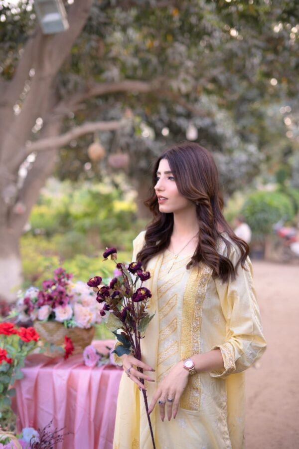 3 Piece Embroidered Suit – Unstitched with Gala, Bazu & Daman Patches, Silk Dupatta - Image 4